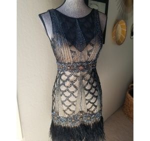 Sue Wong Nocturne Art Deco Beaded Feather Dress
